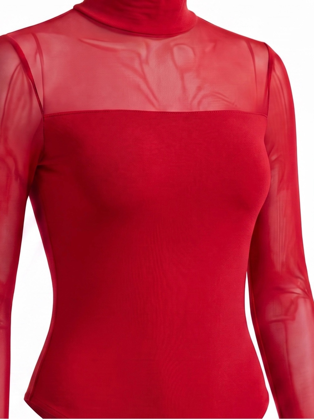 Sheer-Panel Burgundy Turtleneck Long-Sleeve Bodysuit